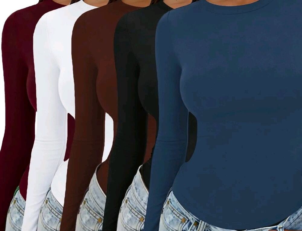 NEW!!! 4 Pack Women's Spandex Long-Sleeve Slim Round Neck Crop Shirt XL